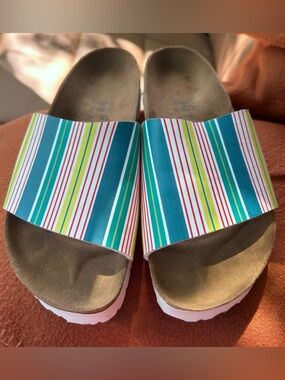 Birkenstock Birki's Striped Slide Sandals in Teal, Yellow & Red size 7